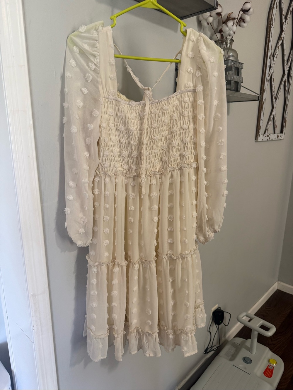 Boutique Cream Swiss Dot Smocked Mini Dress